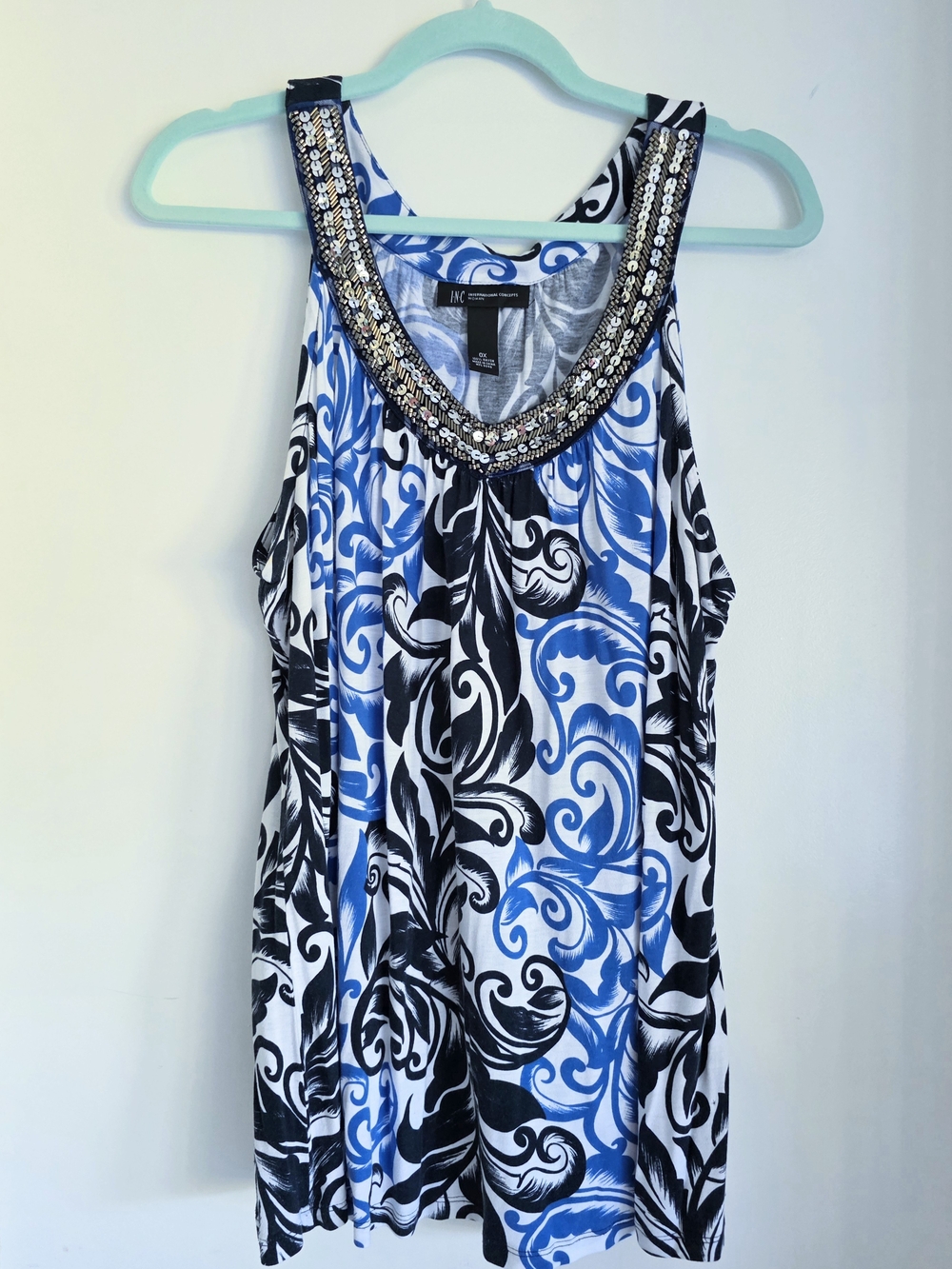 INC International Concepts Beaded Neckline Blue Black Print Tank 0X